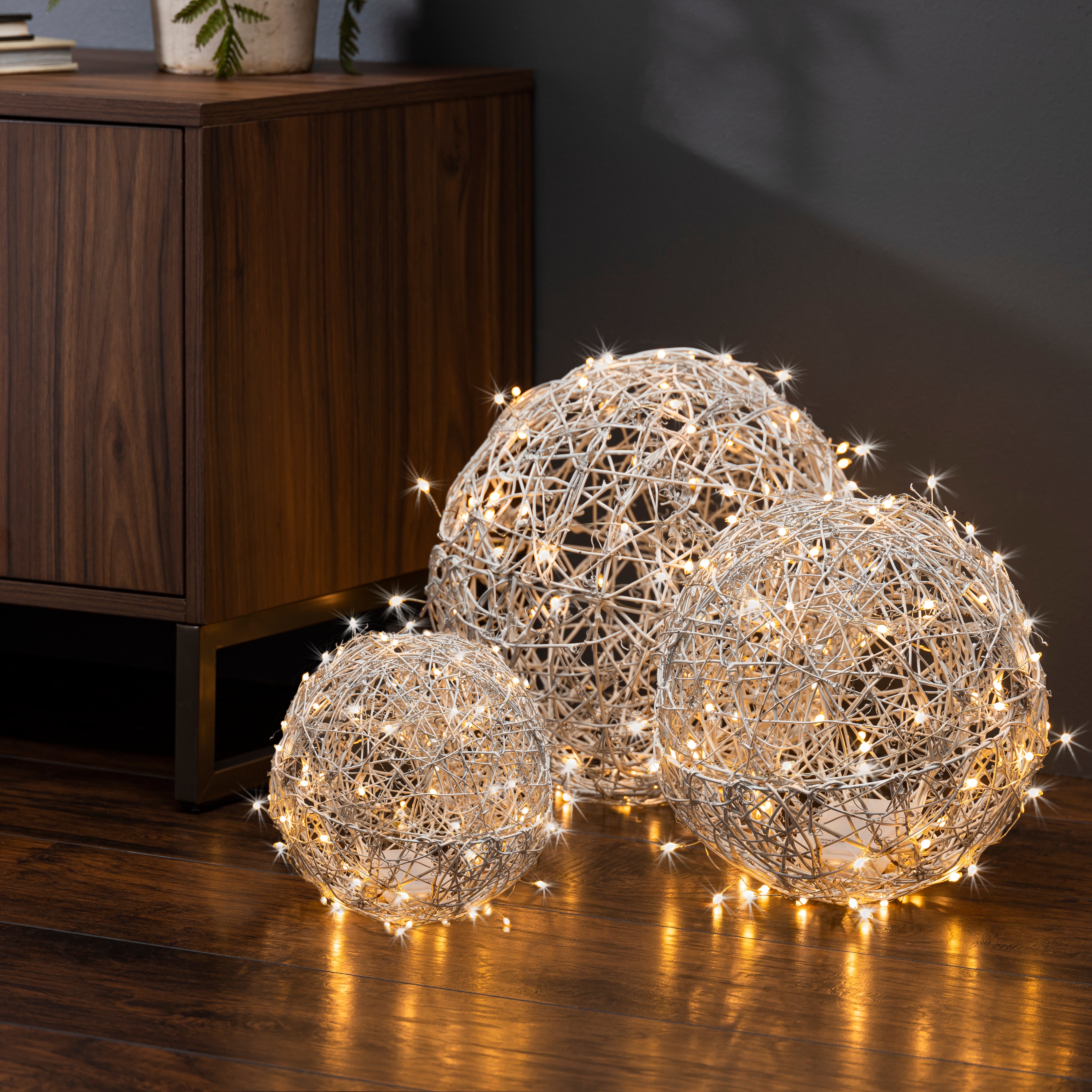 Set of 3 White Modern Organic Vine Balls, Battery Operated LED
